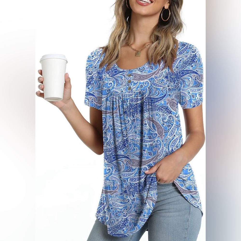 COPY - Sz XL POPYOUNG Women's Summer Casual Short Sleeve Tunic Crewneck Ruffle …